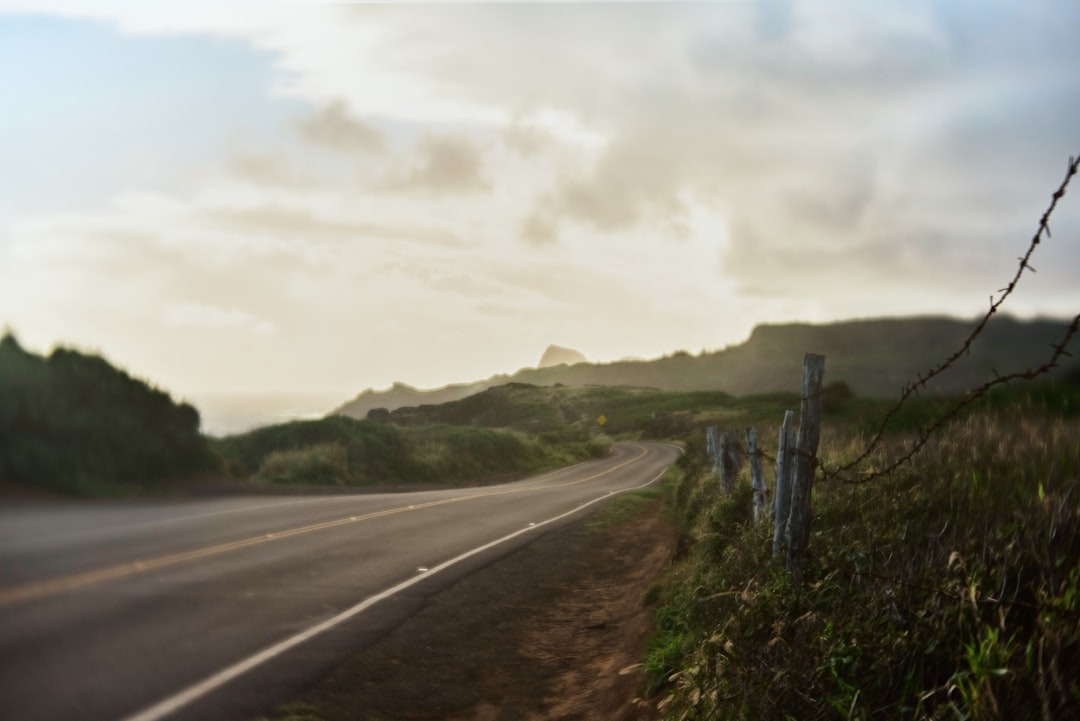 A two-lane West Maui highway curving along open grassland toward the coast at dusk